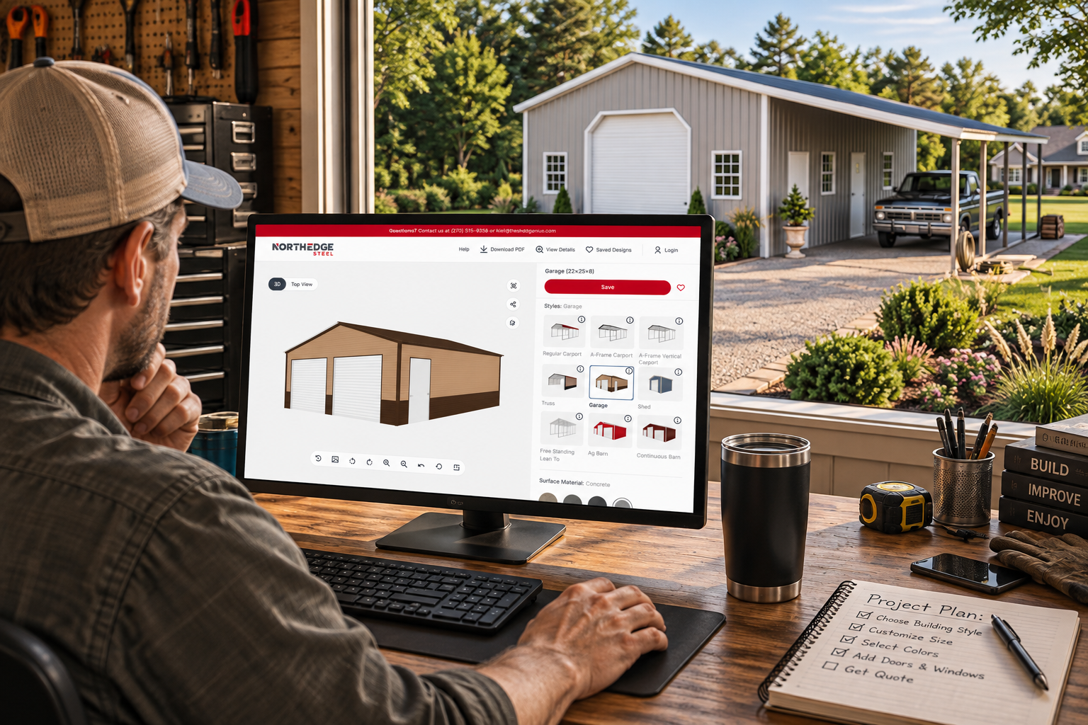 Customer designing a steel garage in 3D with the completed building visible outside