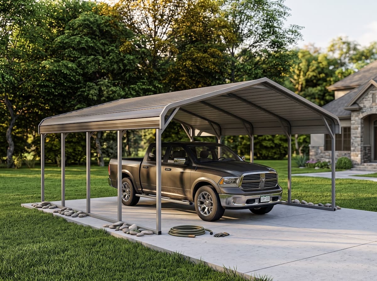 Steel carport protecting a pickup truck beside a home