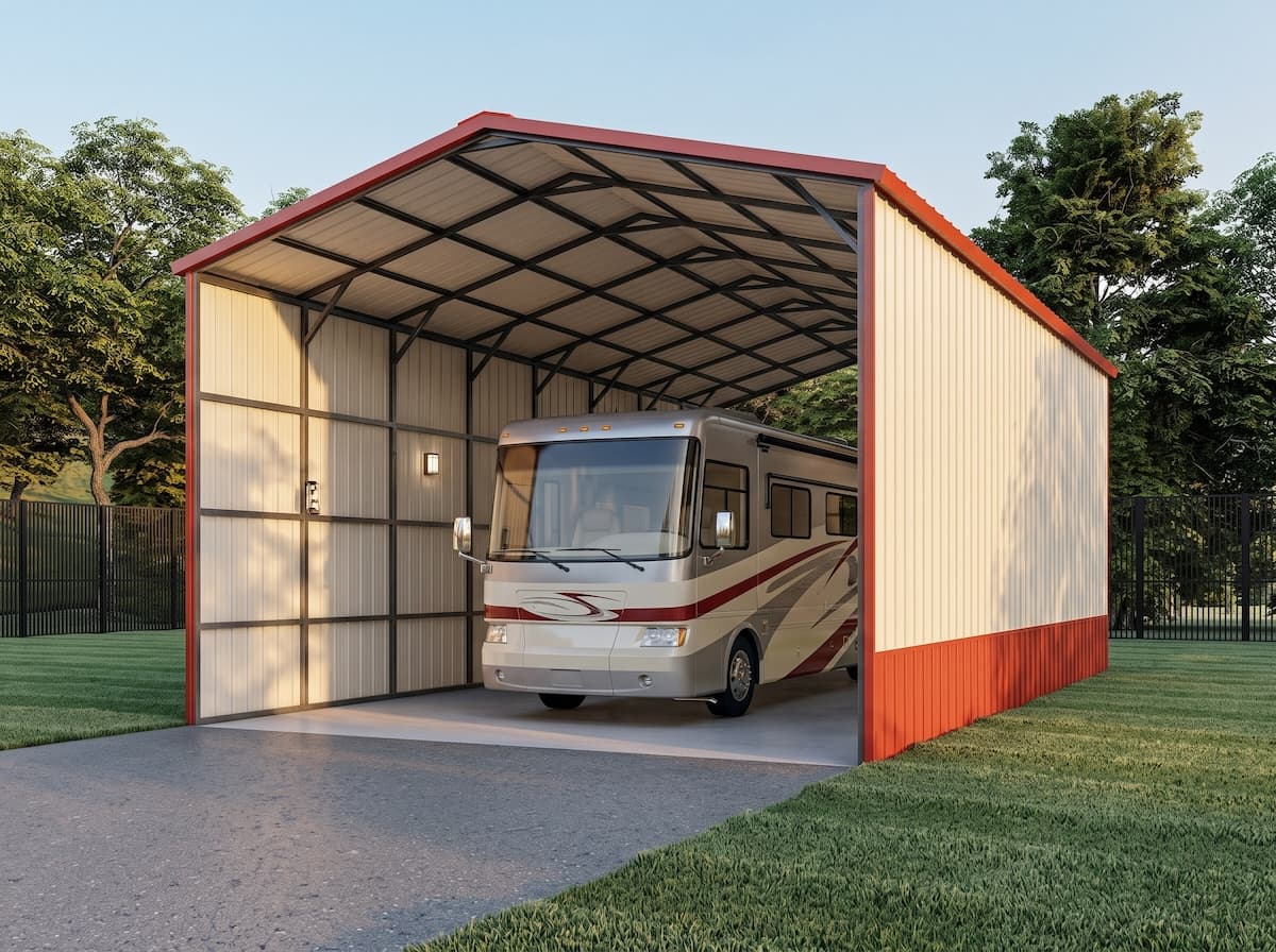 Tall steel RV cover sheltering a motorhome