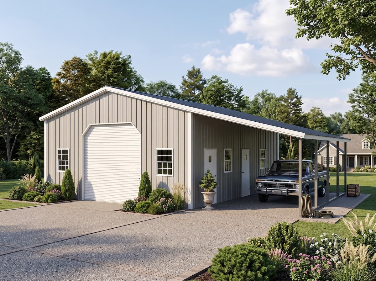 Large gray steel garage and workshop with covered side parking