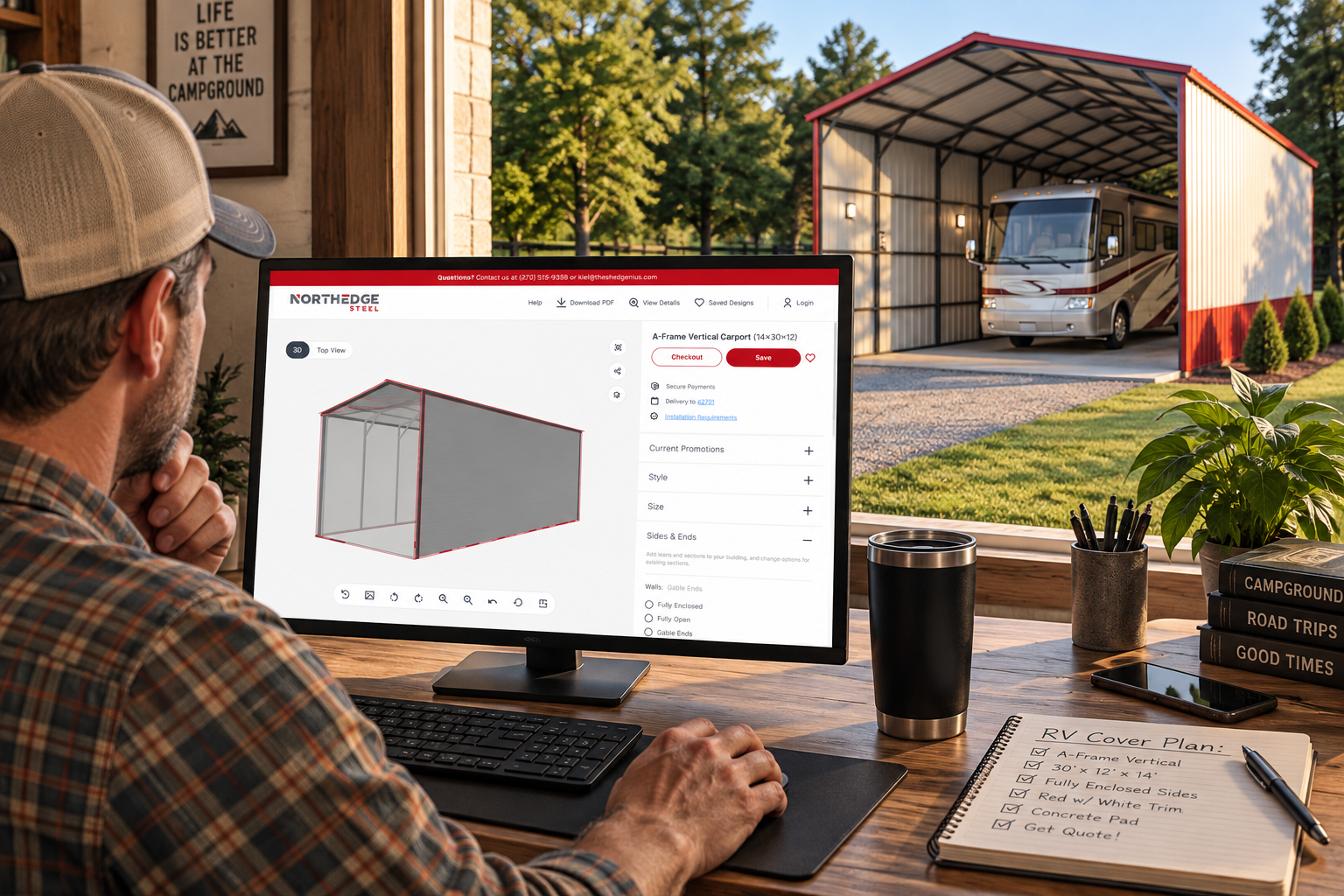 RV owner using the Northedge Steel 3D Builder with his finished RV cover outside