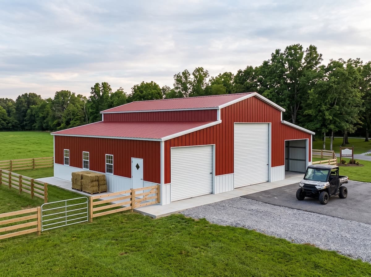 Red steel agricultural building with large roll-up doors on a farm